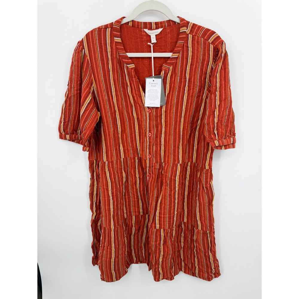 Garnet Hill‎ Tiered Gauze Dress Womens XL Rust Orange Striped Organic Cotton NWT